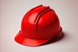 Red construction hat in flat lay against a white backdrop. Generative AI