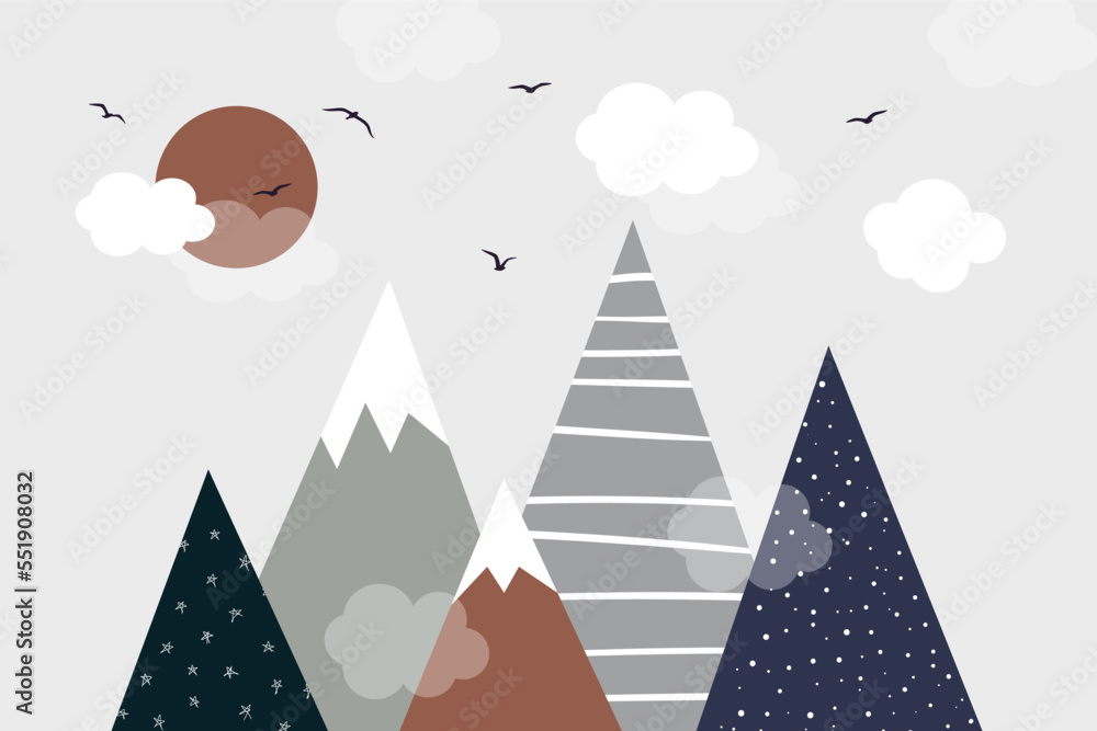Vector. Hand drawn modern mountains in doodle style. Sun, birds, clouds and mountains. Children's landscape, wallpaper design, children's wall.