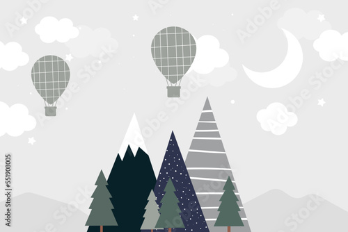 Vector hand drawn mountains in modern scandinavian style with hot air balloons and forest. Children's modern wallpaper in doodle style.
