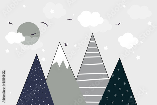 Vector. Hand drawn modern mountains in doodle style. Sunset, birds, clouds and mountains. Children's landscape, wallpaper design, children's wall. 