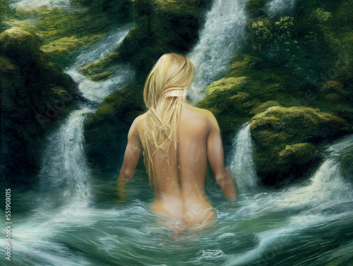 Beautiful naked blonde swims in river near waterfall.