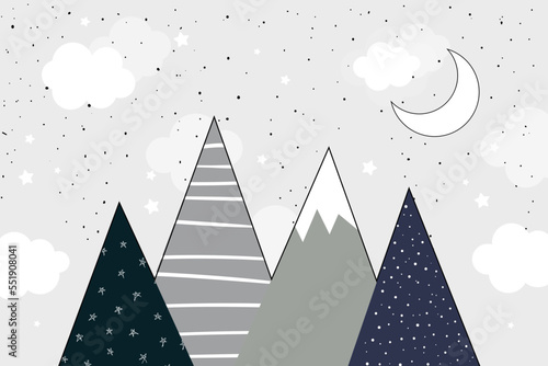 Vector hand drawn snowy mountains with stars, clouds and moon. Cute children's wallpaper in scandinavian style. Children's room design. Trendy children's wallpapers.