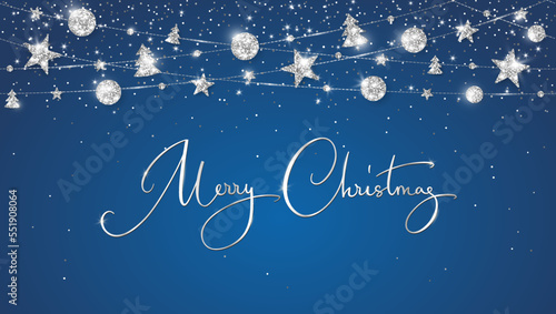 Vector Christmas banner with decorations. Sparkling silver ornaments on blue background. Merry Christmas hand written text.
