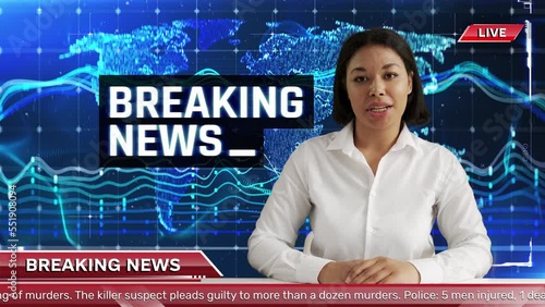 African American newscaster presenting generic breaking news background and text