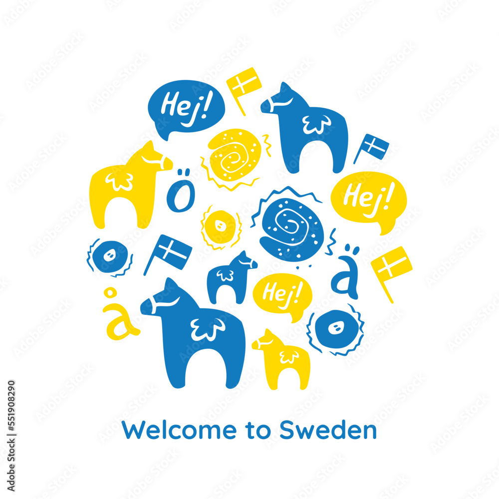 Vector Illustrations with Symbols of Sweden and Swedish culture. Greeting card with white background, yellow and blue objects and text Welcome to Sweden
