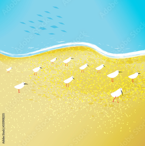 Seascape and Seashore Artistic Abstract Wallpaper. Watercolor style vector wallpaper with sea and sandy beach. Abstract Birds on the shore. Vector artistic textured contemporary design.