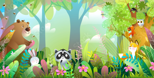 Animals in woods wallpaper for children. Cute animal characters in the forest background  horizontal woodland panorama. Adorable wildlife hiding in trees and grass. Vector illustration for kids book.