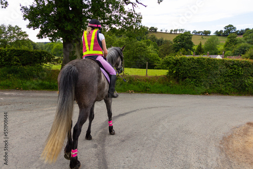 Rear view of young woman wearing reflective safety wear riding her horse out on the road in the English countryside, being safe and being seen by other road users. photo