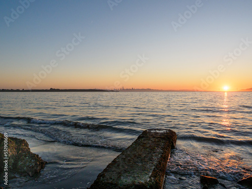 Yellow brown blue sky sunset over the San Francisco Bay
