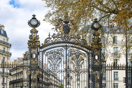 Paris, in the beautiful parc Monceau, the golden wrought iron grid, with typical buildings in background 