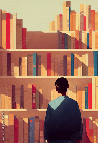 student in a library in front of a bookshelf, created with Generative AI
