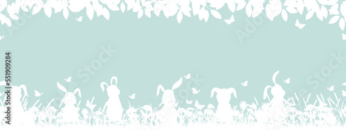 Easter seamless pattern with bunnies and easter eggs.Vector Horizontal pattern background with rabbits playing in Spring flower fields with branches leaves border.White paper cutout on blue background
