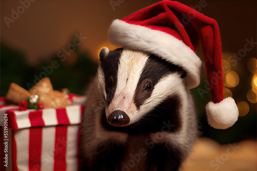 Fotografija badger in santa hat with christmas gift