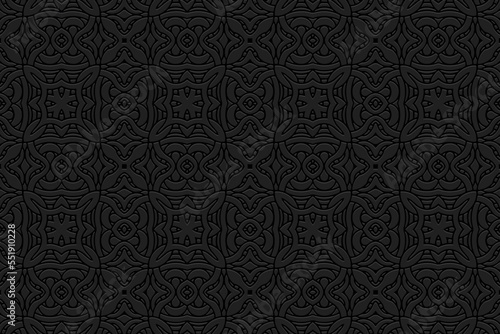 Embossed fantasy black background, ethnic cover design. Press paper, doodle and zentangle technique. Geometric 3d pattern. Creative tribal themes of East, Asia, India, Mexico, Aztecs, Peru.