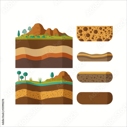Seamless ground cross sections, underground textures. Flat cartoon illustration isolated on white background