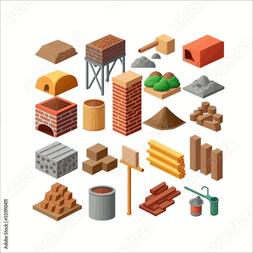 Building materials set. Flat cartoon illustration isolated on white background