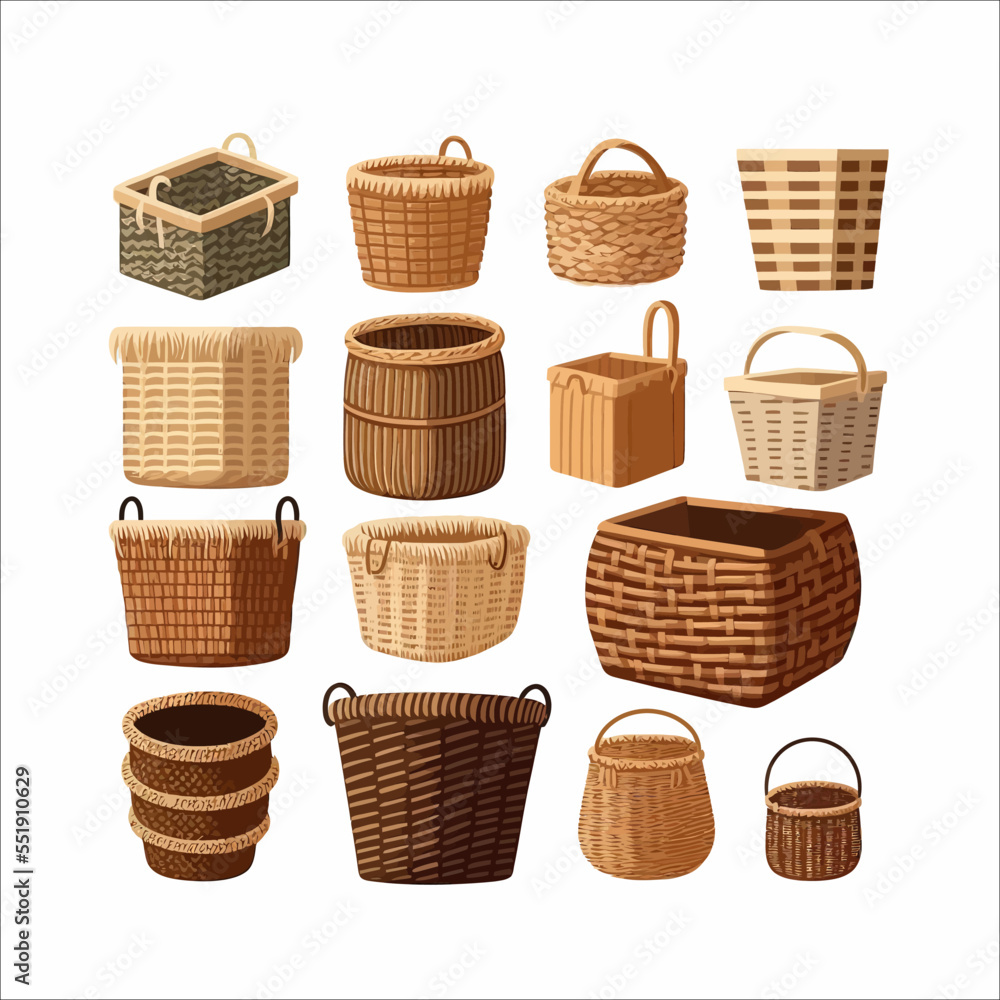 Woven wicker baskets set.Flat cartoon illustration isolated on white background - obrazy, fototapety, plakaty 