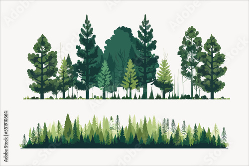 Green tree border. Forest foliage and coniferous plants. Flat cartoon illustration isolated on white background