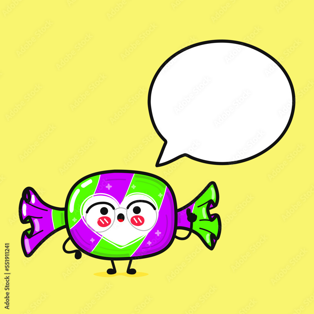 Fototapeta premium Cute funny Candy with speech bubble. Vector hand drawn cartoon kawaii character illustration icon. Isolated on yellow background. Candy character concept