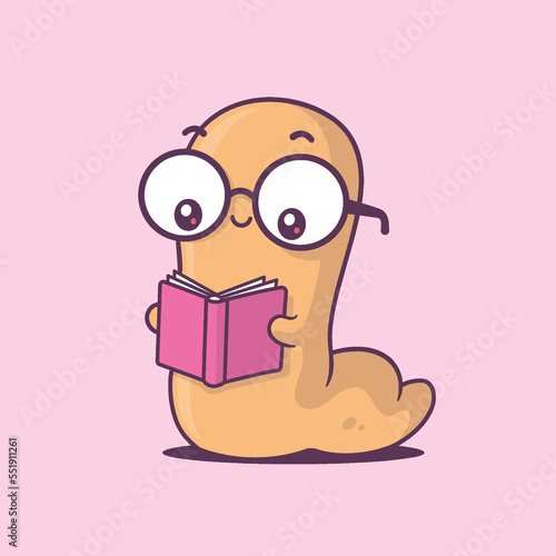 Cute kawaii worm reading a book vector cartoon illustration