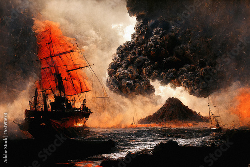 Fotografija Tall Ship Sails to Volcano - Generative AI