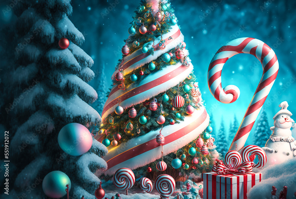 A beautiful Christmas Scene with Christmas tree decorations and candy sticks. A Christmas
