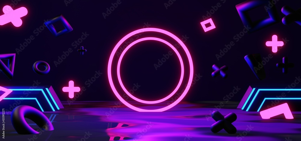 3d illustration rendering, gaming gamer background abstract wallpaper, cyberpunk style metaverse scifi game, neon glow of stage scene pedestal room