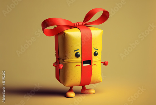 Stack of $100 dollars figure mascot on a yellow backdrop, holding a present package with a red ribbon. Generative AI © AkuAku