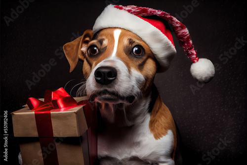 dog in santa hat with christmas present © Man