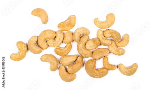 Cashew nuts isolated on white background, top view