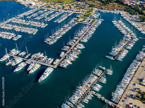 Aerial drone view of famous bay of Gouvia a popular yacht dock  island of Corfu  Ionian  Greece