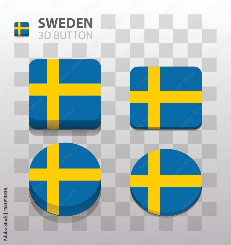 Sweden flag. Square and Round 3d Button. Vector 