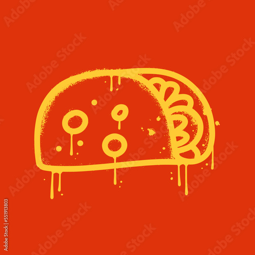 Tacos icon in urban graffiti style isolated on red background . Street fast food vector graphic silhouette with leaks and drops.