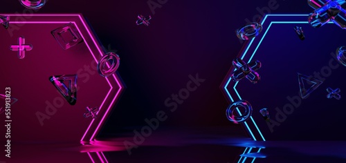 3d illustration rendering, gaming gamer background abstract wallpaper, cyberpunk style metaverse scifi game, neon glow of stage scene pedestal room