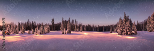 Verschneite Winterlandschaft mit Nachthimmel. Große offene Fläche mit Bäumen im Hintergrund.. Generative AI Image