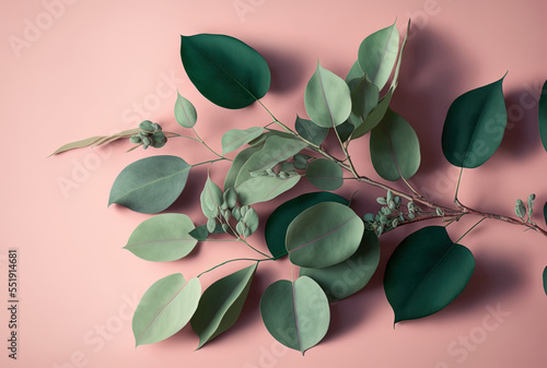 Eucalyptus branch leaves in green on a pink backdrop. Generative AI