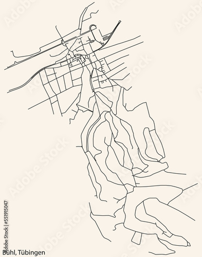 Detailed navigation black lines urban street roads map of the B  HL DISTRICT of the German town of T  BINGEN  Germany on vintage beige background