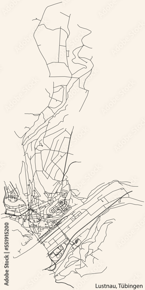 Detailed navigation black lines urban street roads map of the LUSTNAU DISTRICT of the German town of TÜBINGEN, Germany on vintage beige background Detailed navigation black lines urban street roads map of the LUSTNAU DISTRICT of the German town of TÜBINGEN, Germany on vintage beige background