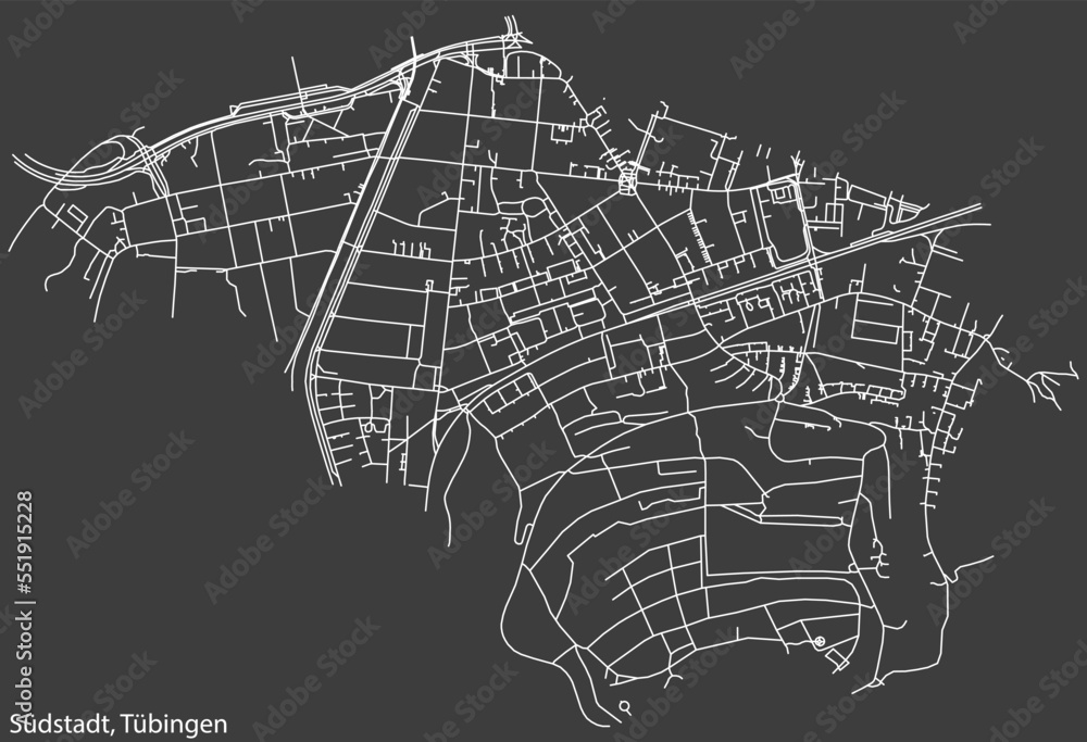 Detailed negative navigation white lines urban street roads map of the SÜDSTADT DISTRICT of the German town of TÜBINGEN, Germany on dark gray background