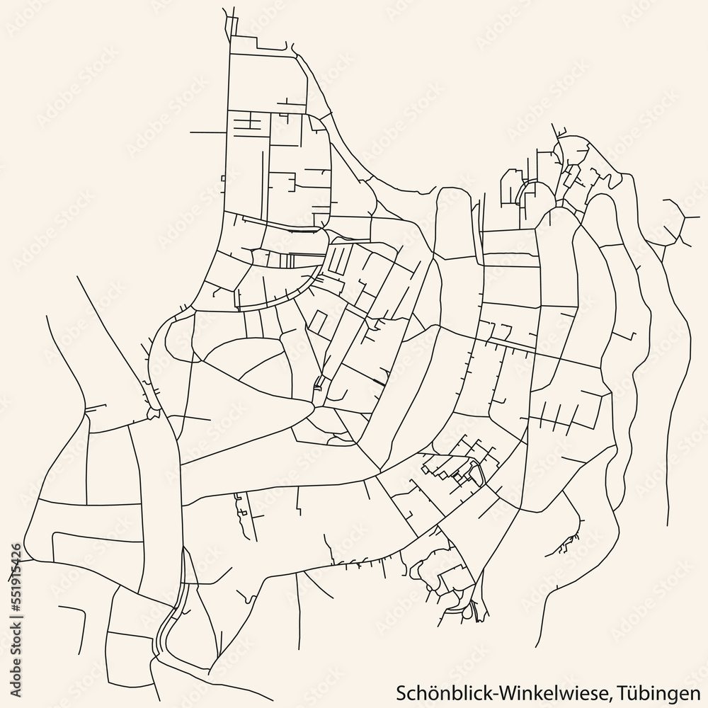 Detailed navigation black lines urban street roads map of the SCHÖNBLICK-WINKELWIESE DISTRICT of the German town of TÜBINGEN, Germany on vintage beige background