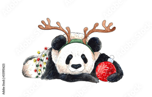 A Christmas panda wrapped in a garland with deer antlers. Watercolor illustration. Highlighted on white. Merry Christmas greeting card with a cheerful panda. A bear in a deer costume.