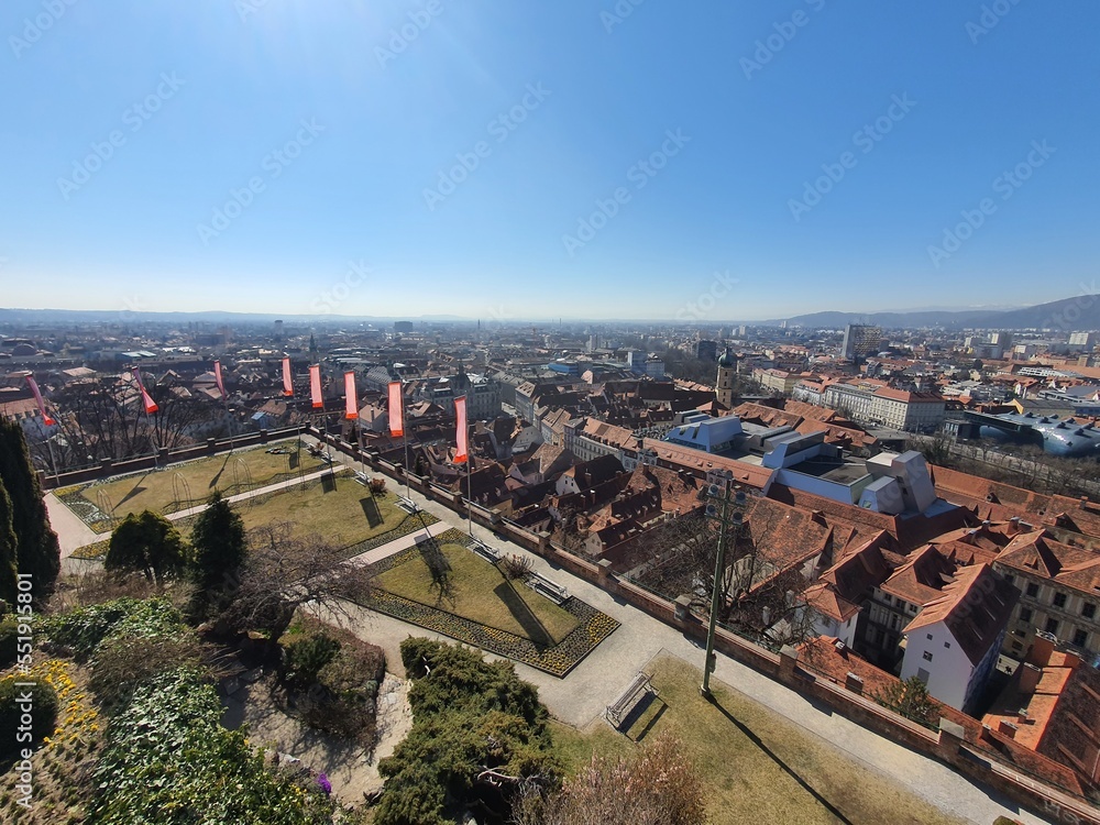 Skyline of Graz. View from Vista Point at Schlossberg in the center of the town. Graz, Styria, Austria