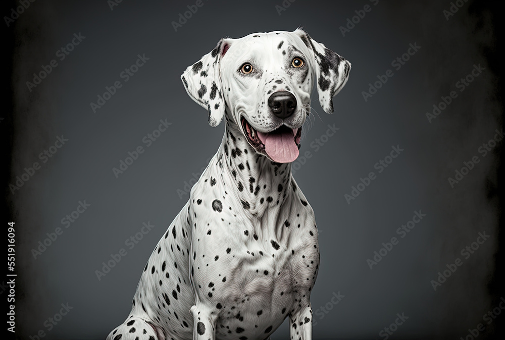 Beautiful Dalmatian dog in studio image smiling serenely while perched alone on a gray backdrop, caring for animals. Generative AI Beautiful Dalmatian dog in studio image smiling serenely while perched alone on a gray backdrop, caring for animals. Generative AI