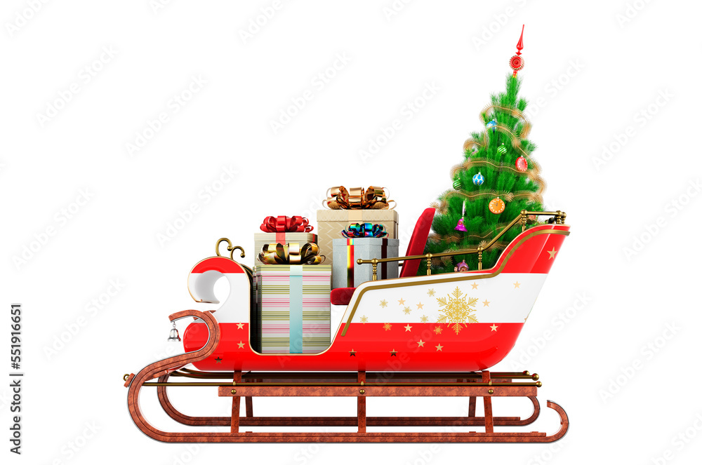 Austrian flag painted on the Christmas Santa sleigh, full of gifts and Christmas tree. 3D rendering