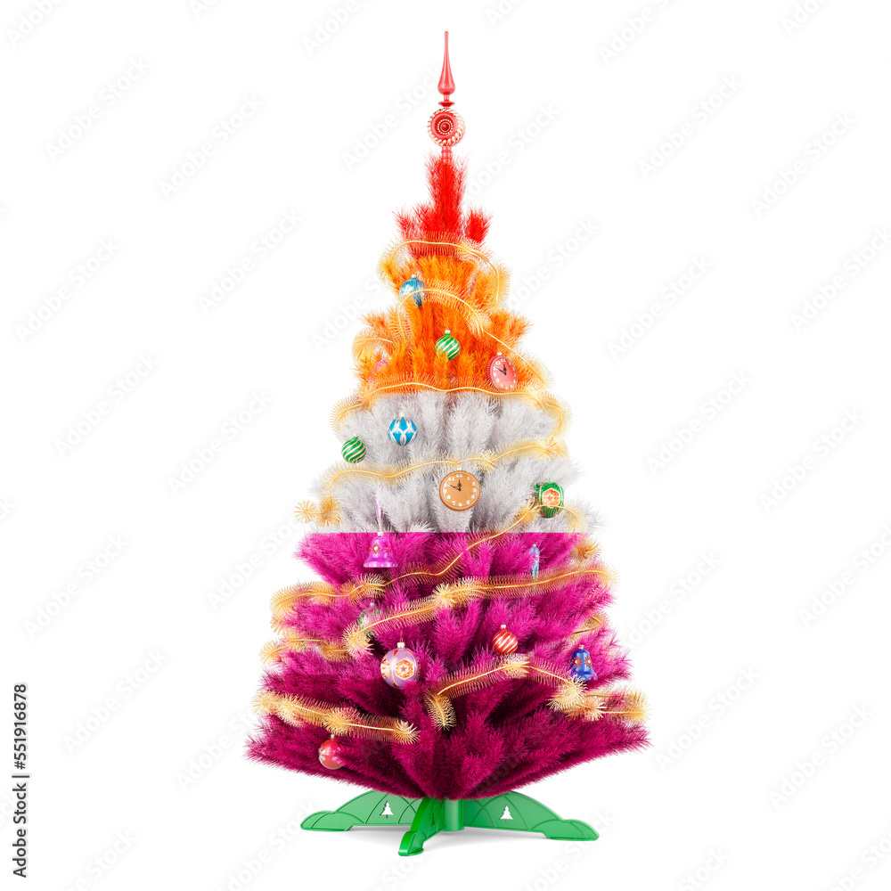Lesbian flag painted on the Christmas tree, 3D rendering