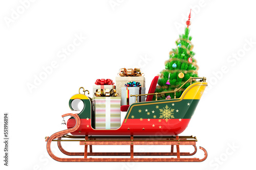 Lithuanian flag painted on the Christmas Santa sleigh, full of gifts and Christmas tree. 3D rendering