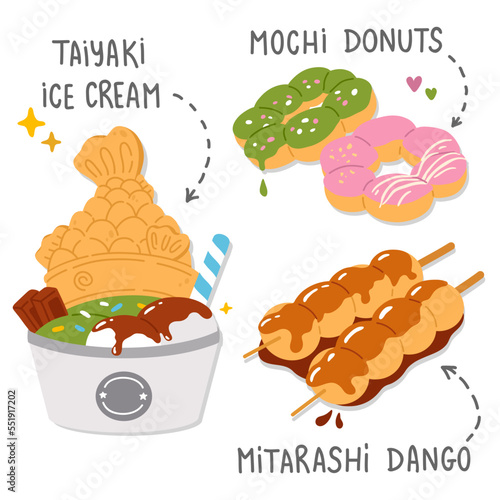 Vector illustration set of cute  doodle asian food taiyaki, donuts, dango for print ,design, greeting card,sticker,icon