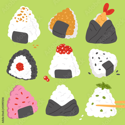 Vector illustration set of cute  doodle asian food onigiri for print ,design, greeting card,sticker,icon