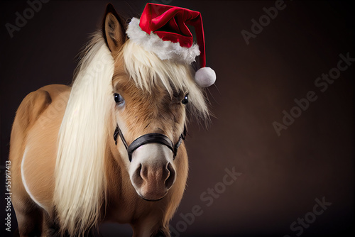 portrait of a pony in christmas hat