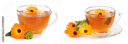Calendula tea with fresh flowers isolated on white background